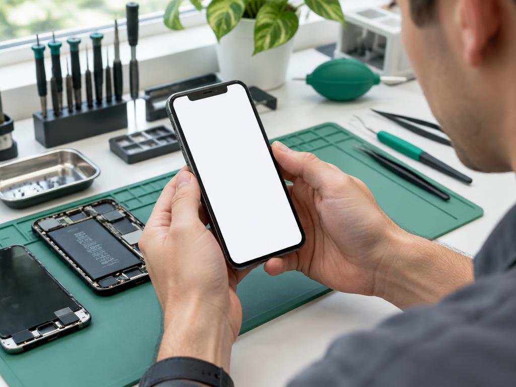 Technician inspecting a smartphone at a repair bench