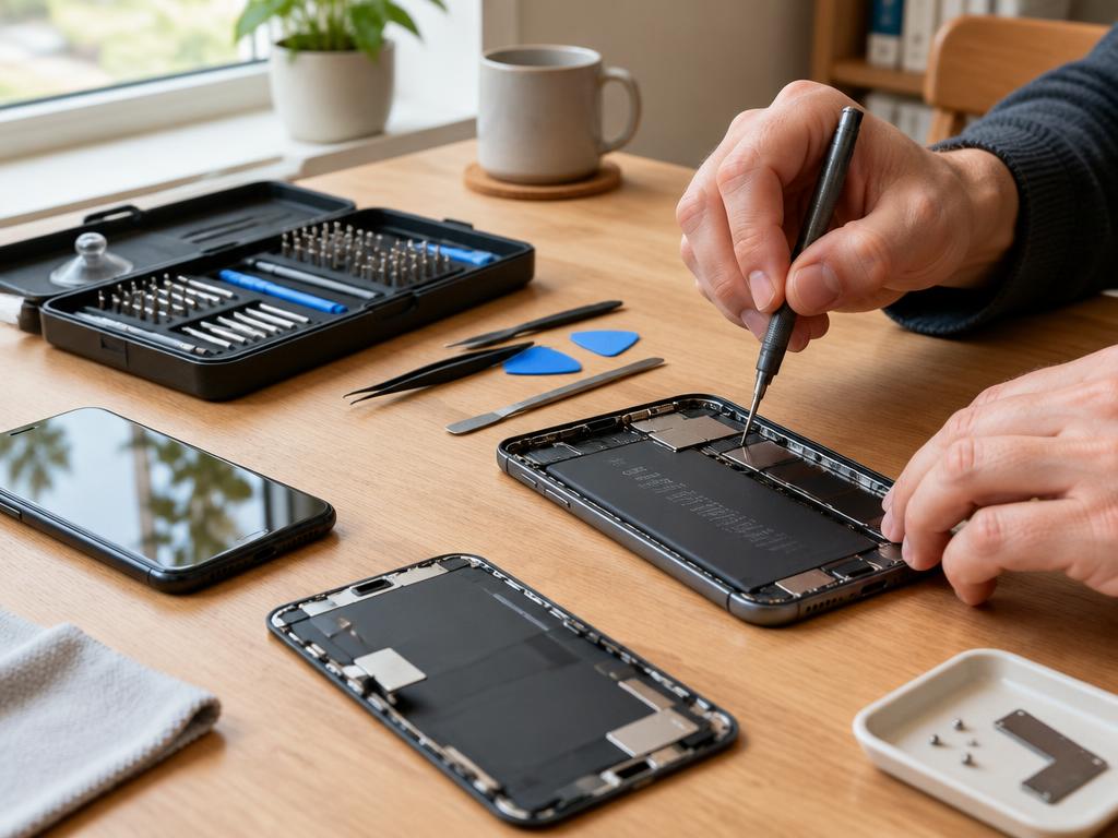 Portable phone repair tools on a table at home
