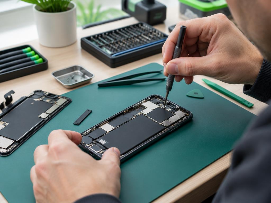 Precision tools being used to repair an opened smartphone